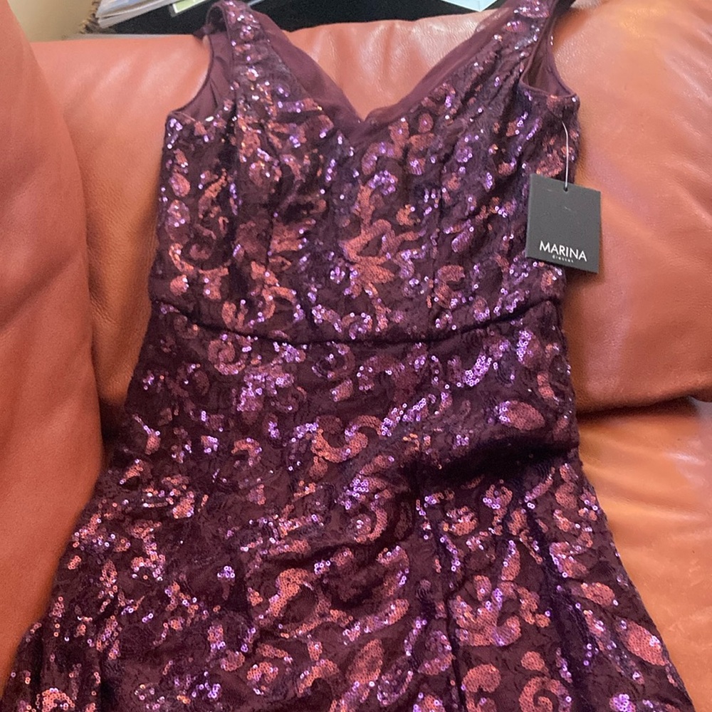 MARINA Purple Ruched Sheath Mini Dress